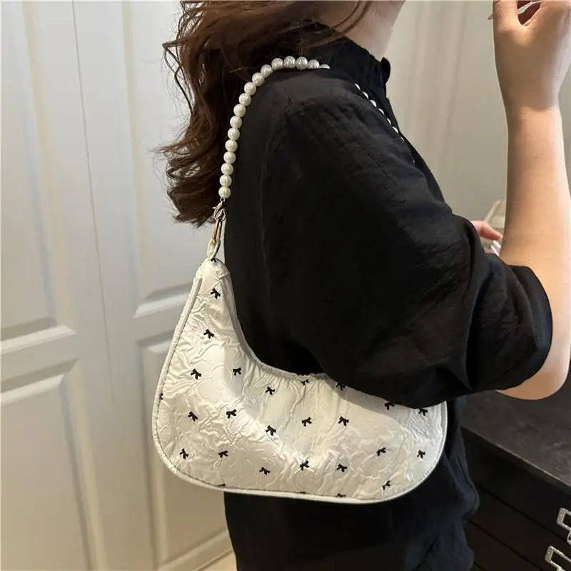 Unique Fashion Bow Handbag with Wrinkled Design Versatile Shoulder Underarm Purse for Women