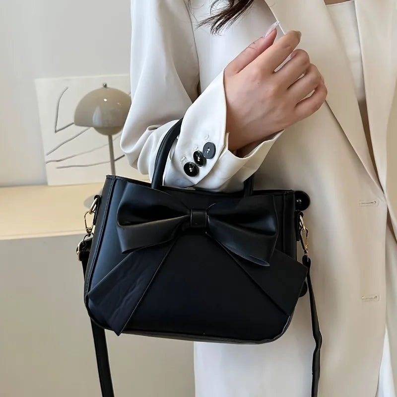 Elegant Black Bow Decorative Handbag Shoulder Crossbody Bag with Golden Hardware and Detachable Horizontal Strap, Stylish Daily