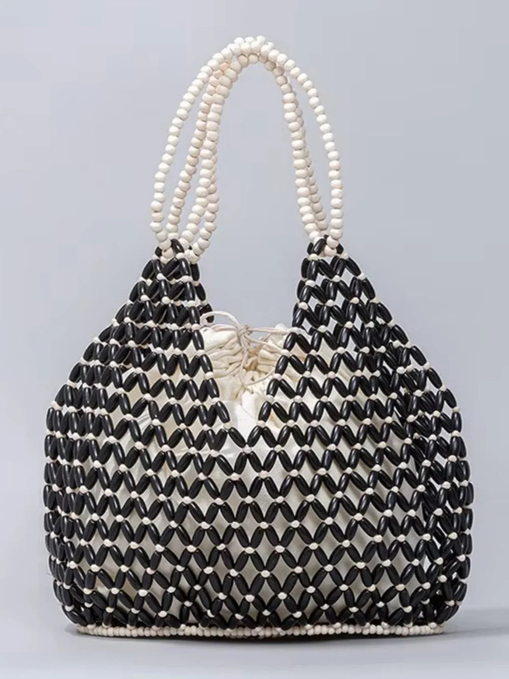 Handmade Woven Beaded Handbag For Women Exquisite Hollow-out Wooden Beaded Shoulder Bag Female Beach Bag