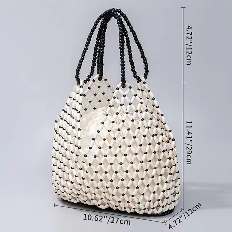 Handmade Woven Beaded Handbag For Women Exquisite Hollow-out Wooden Beaded Shoulder Bag Female Beach Bag