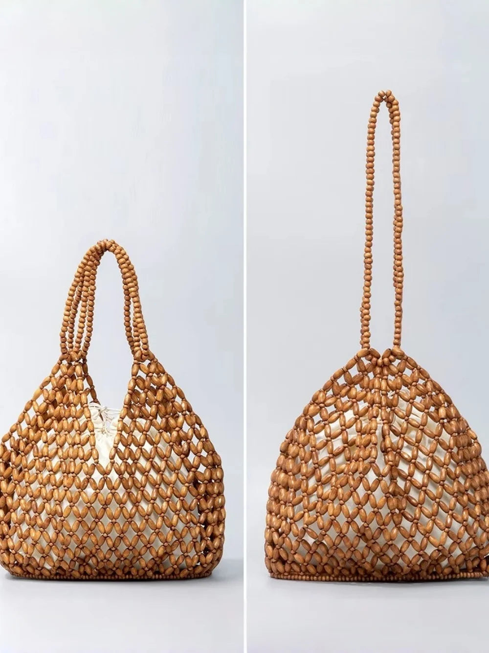 Handmade Woven Beaded Handbag For Women Exquisite Hollow-out Wooden Beaded Shoulder Bag Female Beach Bag