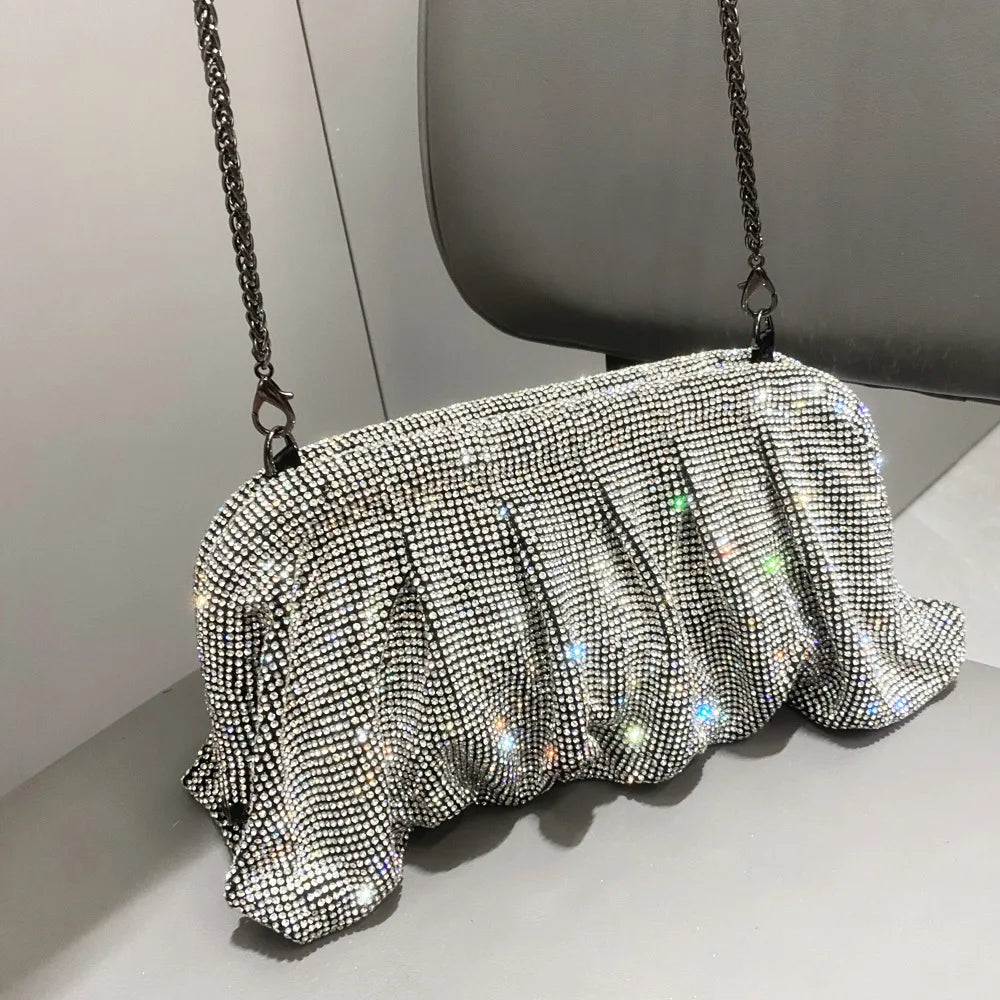 Elegant Shiny Rhinestone Evening Clutch Bags Women New Folds Crystal Clip Purses and Handbags Designer Wedding Party