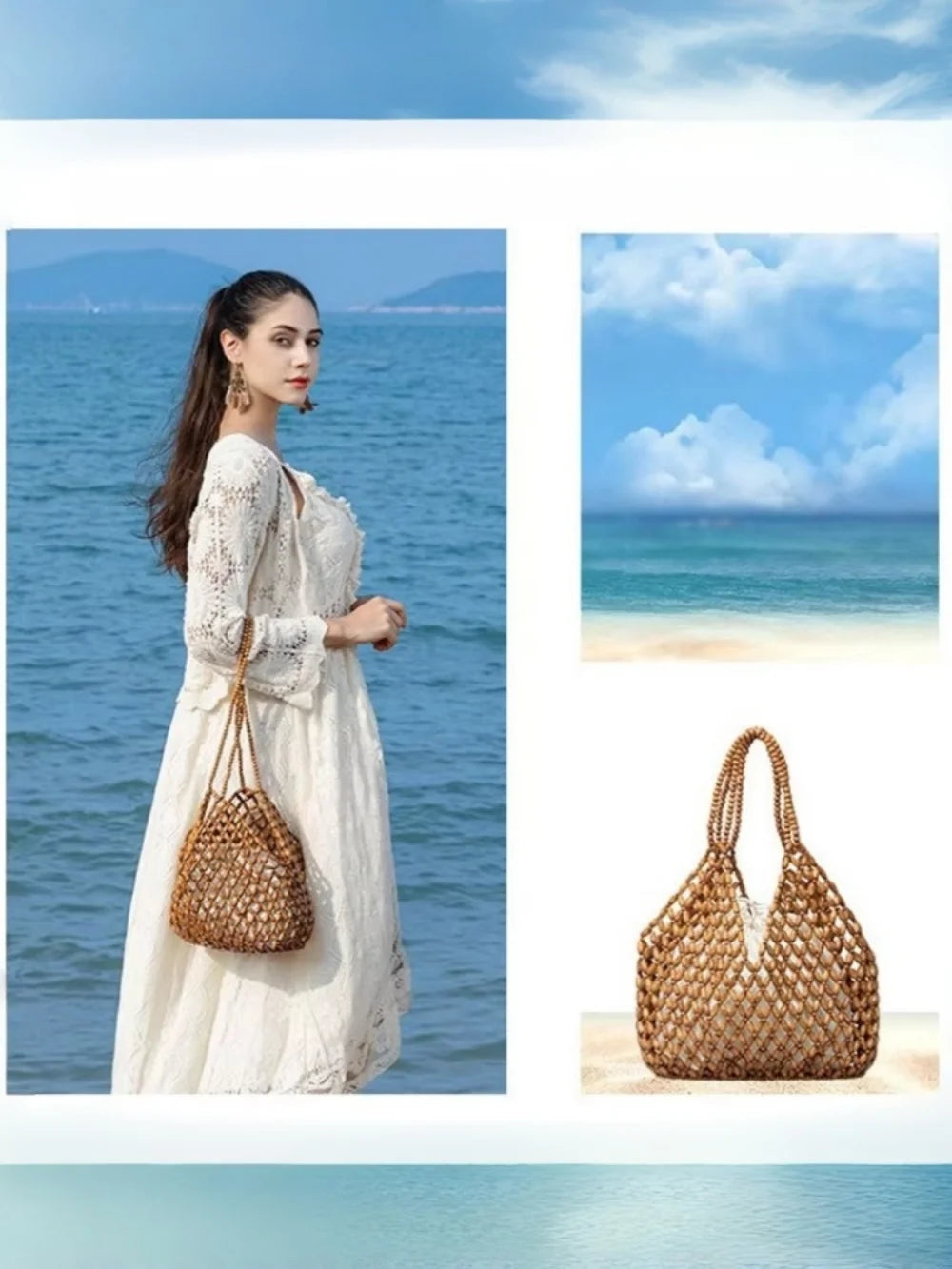 Handmade Woven Beaded Handbag For Women Exquisite Hollow-out Wooden Beaded Shoulder Bag Female Beach Bag