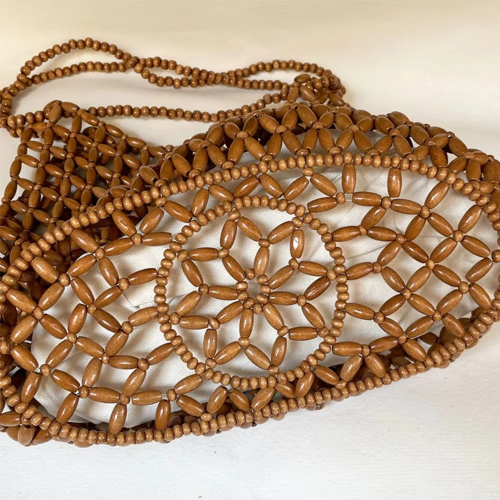 Handmade Woven Beaded Handbag For Women Exquisite Hollow-out Wooden Beaded Shoulder Bag Female Beach Bag