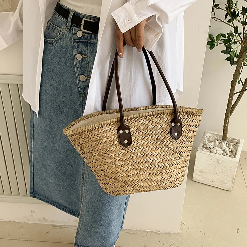 Handmade Women's Shoulder Bag Large Capacity Handbags Bohemian Summer Straw Beach Bag Female Shopper Basket Woven Tote Bags