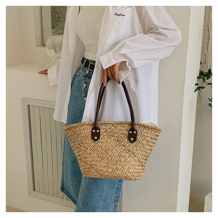 Handmade Women's Shoulder Bag Large Capacity Handbags Bohemian Summer Straw Beach Bag Female Shopper Basket Woven Tote Bags