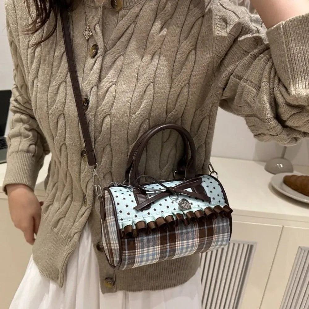 Vintage Portable Bow Polka Dot Handbag Color-blocked Lace Trim Bowler Bag Lightweight Exquisite Crossbody Bag Daily Use