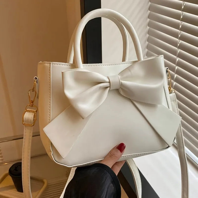 Elegant Black Bow Decorative Handbag Shoulder Crossbody Bag with Golden Hardware and Detachable Horizontal Strap, Stylish Daily