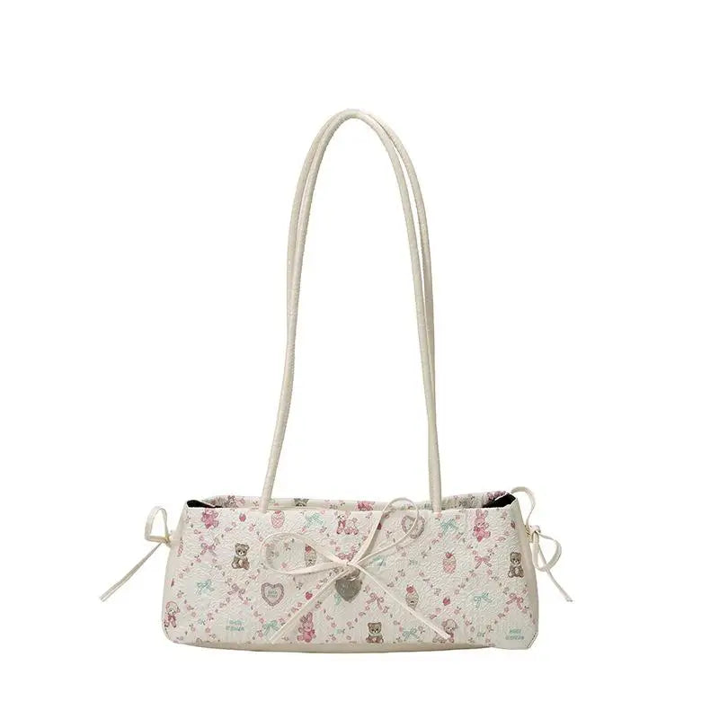 Sweet Bow Shoulder Bag Cartoon Print Underarm Bag Female Tote Bag Versatile Large Capacity Commuter Handbag Holiday Gift