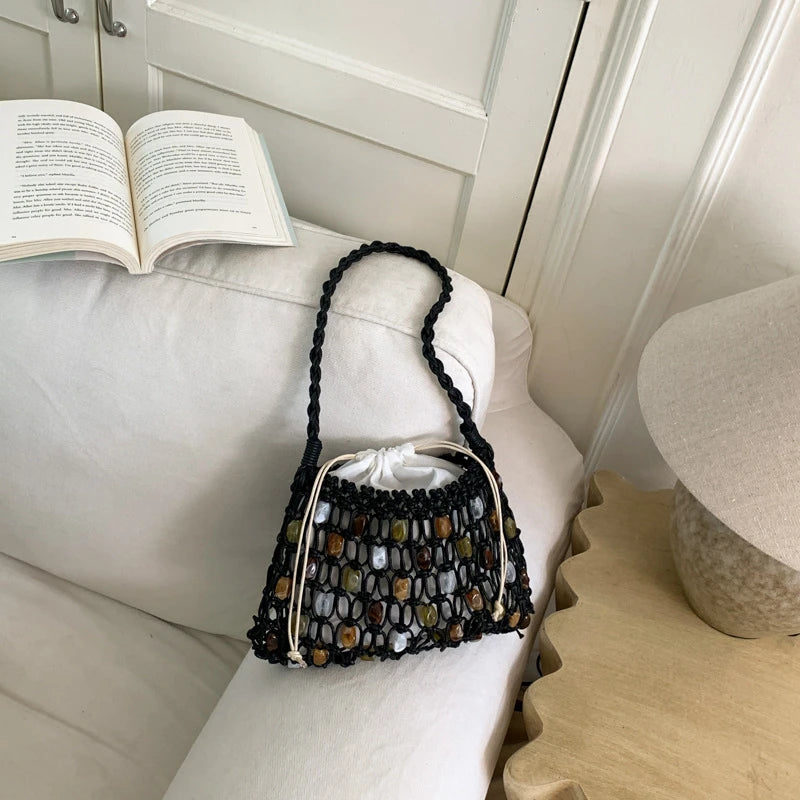 Handmade Woven Beaded Lattice Handbag,high-end Fashion Openwork Bag With Wooden Handle,niche Casual Large Capacity Shoulder Bags