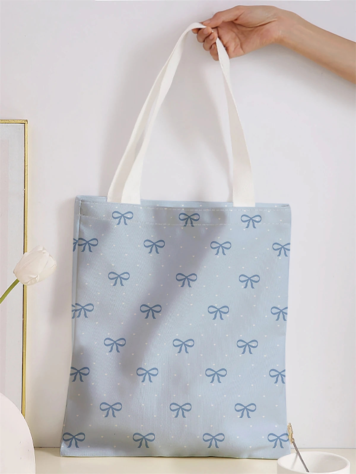 Bow pattern printed casual handbag, reusable fashionable backpack, multifunctional handbag, canvas shopping bag