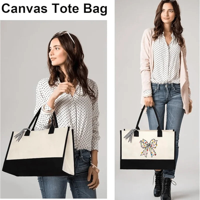 White canvas handbag with colorful bow print, suitable for daily use