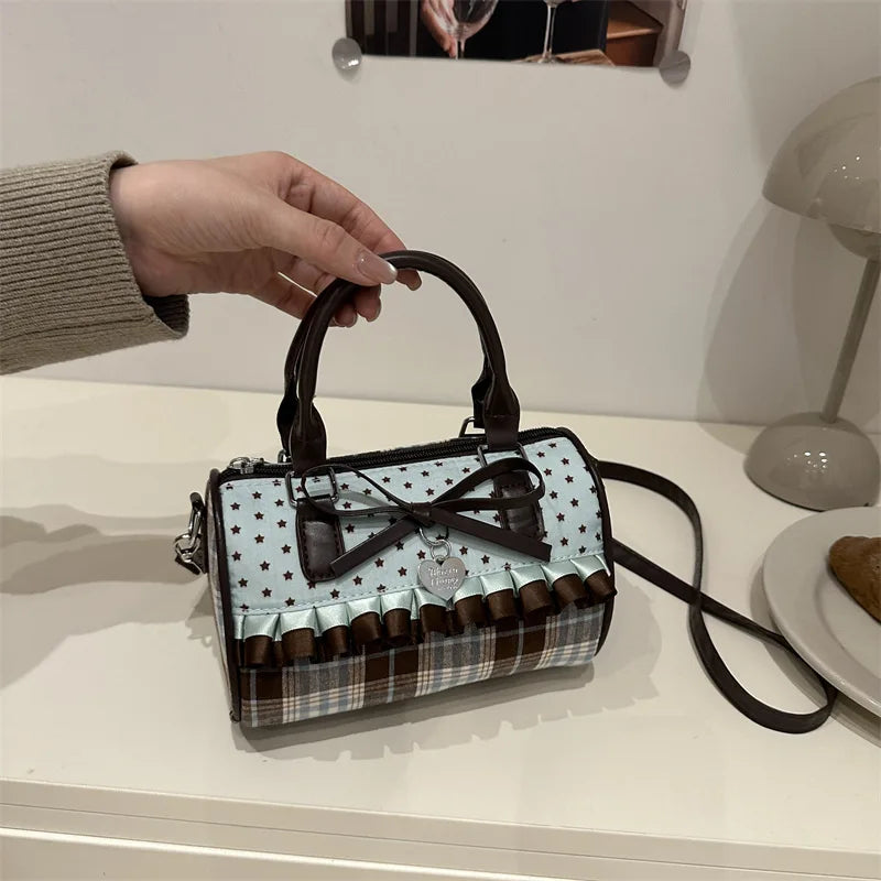 Korean Bow Polka Dot Bag Fashion Bowler Bag Color-blocked Lace Y2k Style Handbag Retro Sweet Plaid Crossbody Zipper Shoulder Bag