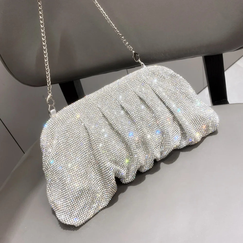 Elegant Shiny Rhinestone Evening Clutch Bags Women New Folds Crystal Clip Purses and Handbags Designer Wedding Party
