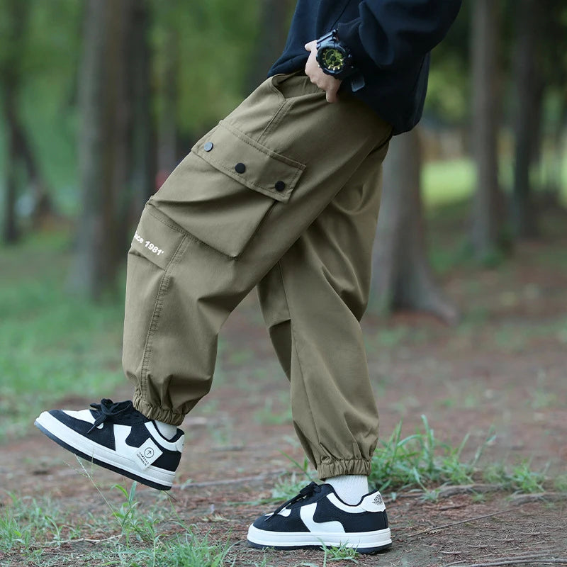 Spring Autumn Teenage Boys Cargo Pants Kids Fashion Windproof Waterproof Outdoor Trousers For 4-14 Years Children Casual Outfits