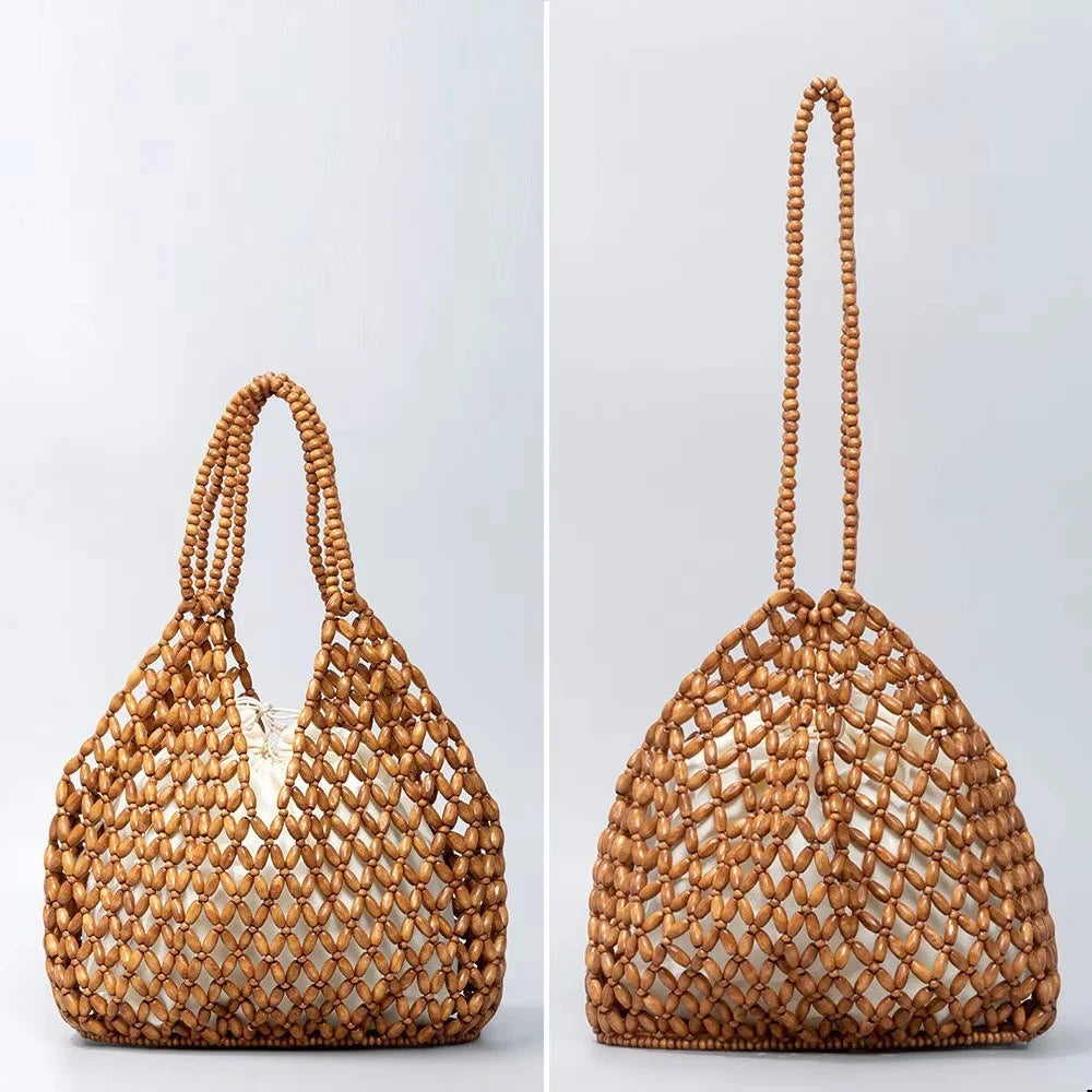 Handmade Woven Beaded Handbag For Women Exquisite Hollow-out Wooden Beaded Shoulder Bag Female Beach Bag