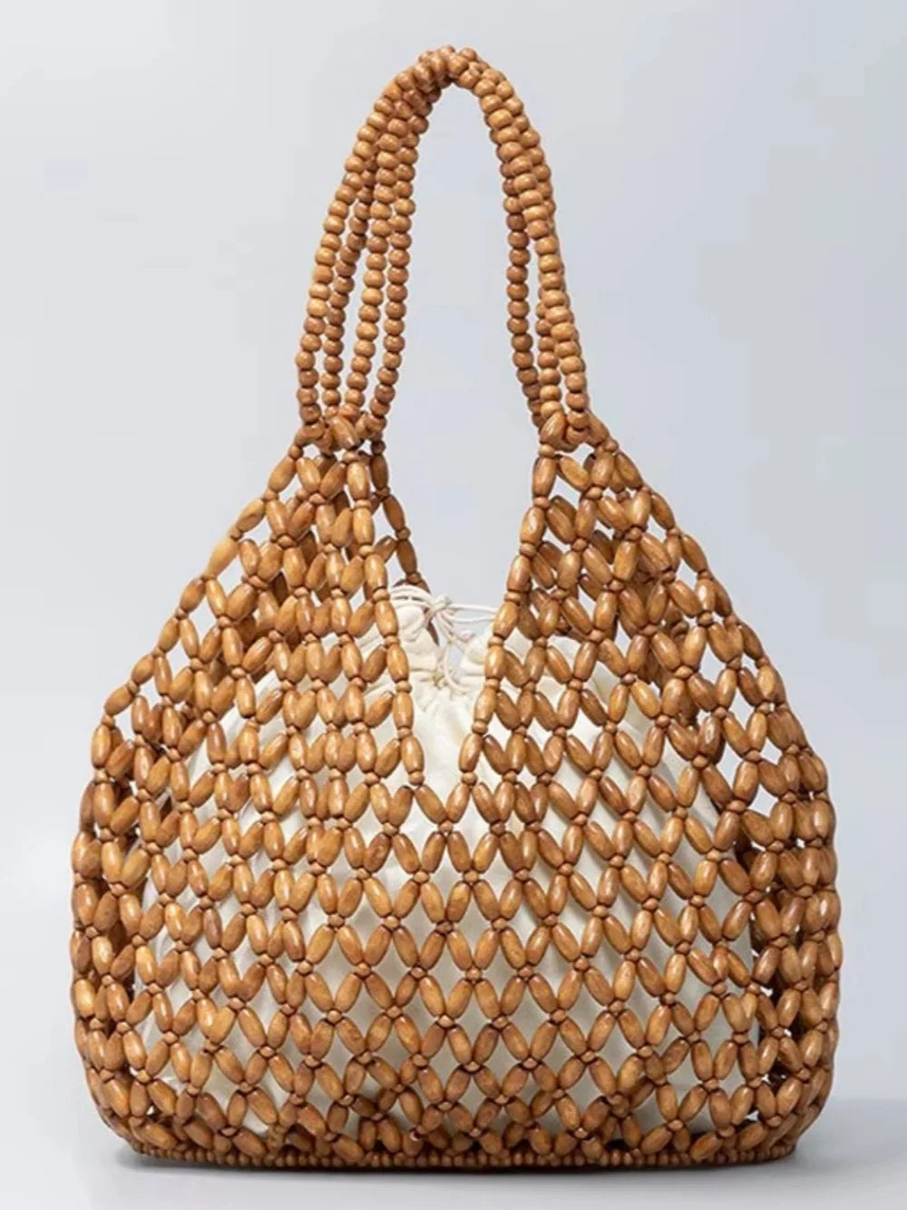 Handmade Woven Beaded Handbag For Women Exquisite Hollow-out Wooden Beaded Shoulder Bag Female Beach Bag