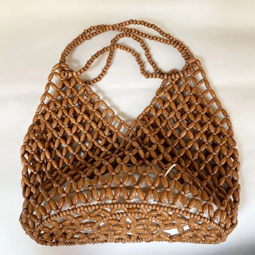 Handmade Woven Beaded Handbag For Women Exquisite Hollow-out Wooden Beaded Shoulder Bag Female Beach Bag