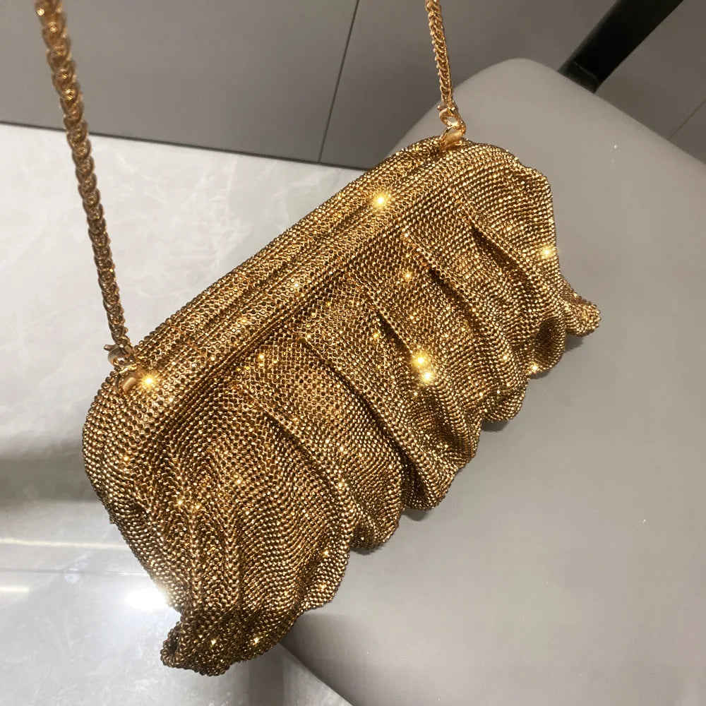 Elegant Shiny Rhinestone Evening Clutch Bags Women New Folds Crystal Clip Purses and Handbags Designer Wedding Party