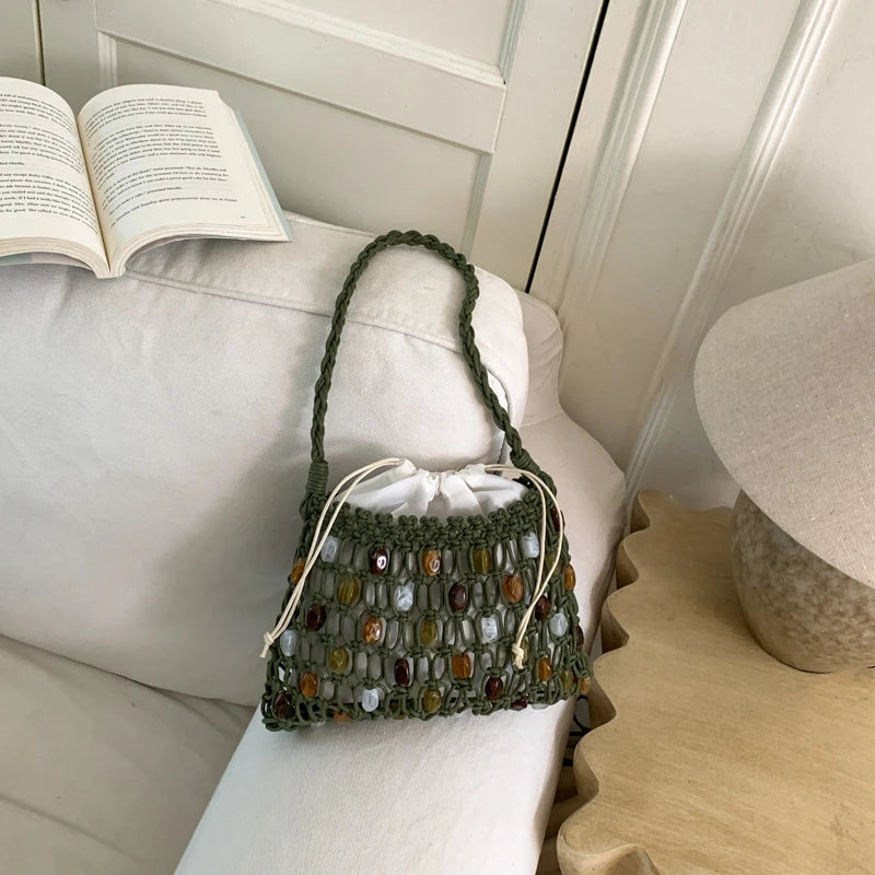 Handmade Woven Beaded Lattice Handbag,high-end Fashion Openwork Bag With Wooden Handle,niche Casual Large Capacity Shoulder Bags