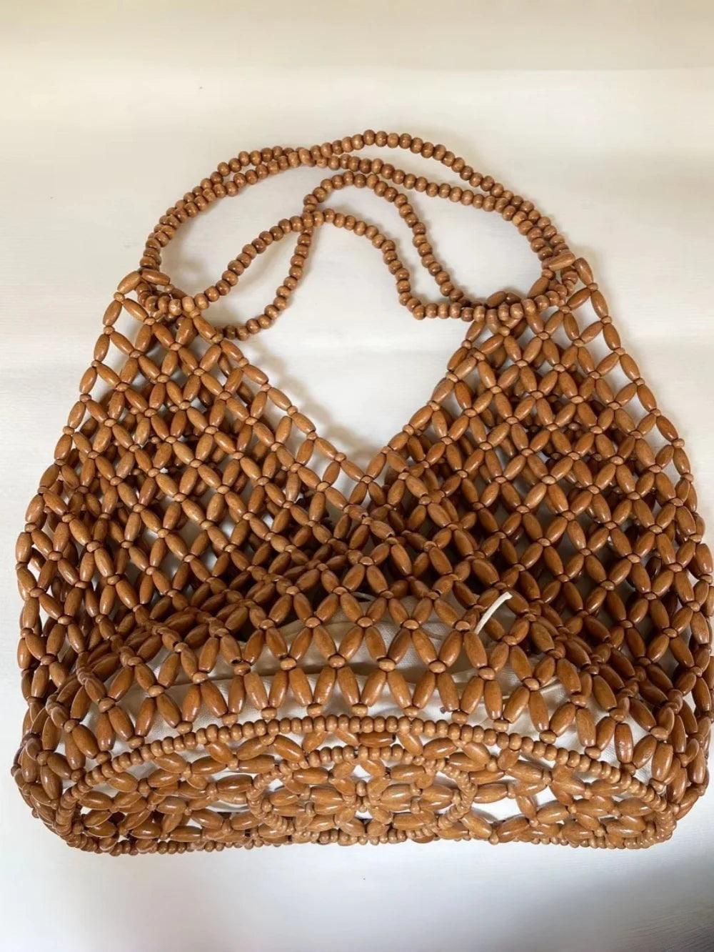 Handmade Woven Beaded Handbag For Women Exquisite Hollow-out Wooden Beaded Shoulder Bag Female Beach Bag