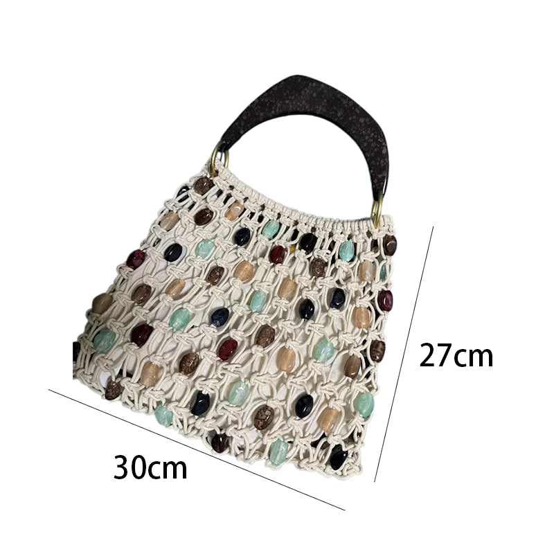 Handmade Woven Beaded Lattice Handbag,high-end Fashion Openwork Bag With Wooden Handle,niche Casual Large Capacity Shoulder Bags