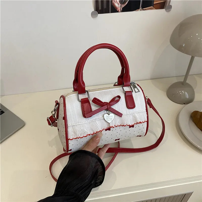 Korean Bow Polka Dot Bag Fashion Bowler Bag Color-blocked Lace Y2k Style Handbag Retro Sweet Plaid Crossbody Zipper Shoulder Bag