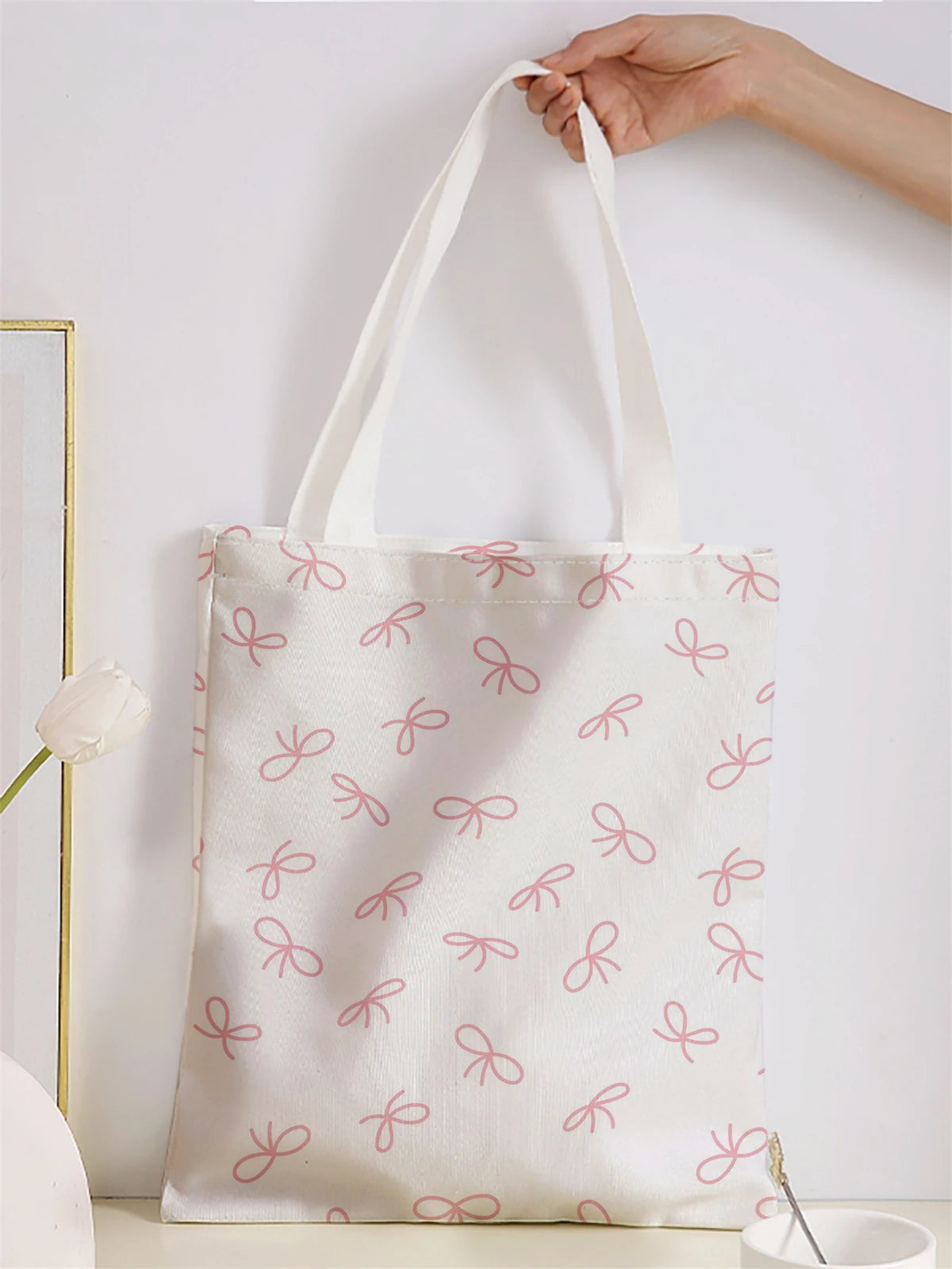 Bow pattern printed casual handbag, reusable fashionable backpack, multifunctional handbag, canvas shopping bag
